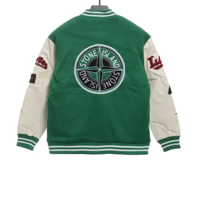 Stone Island Compass Logo Leather Sleeve Baseball Jacket Green 02
