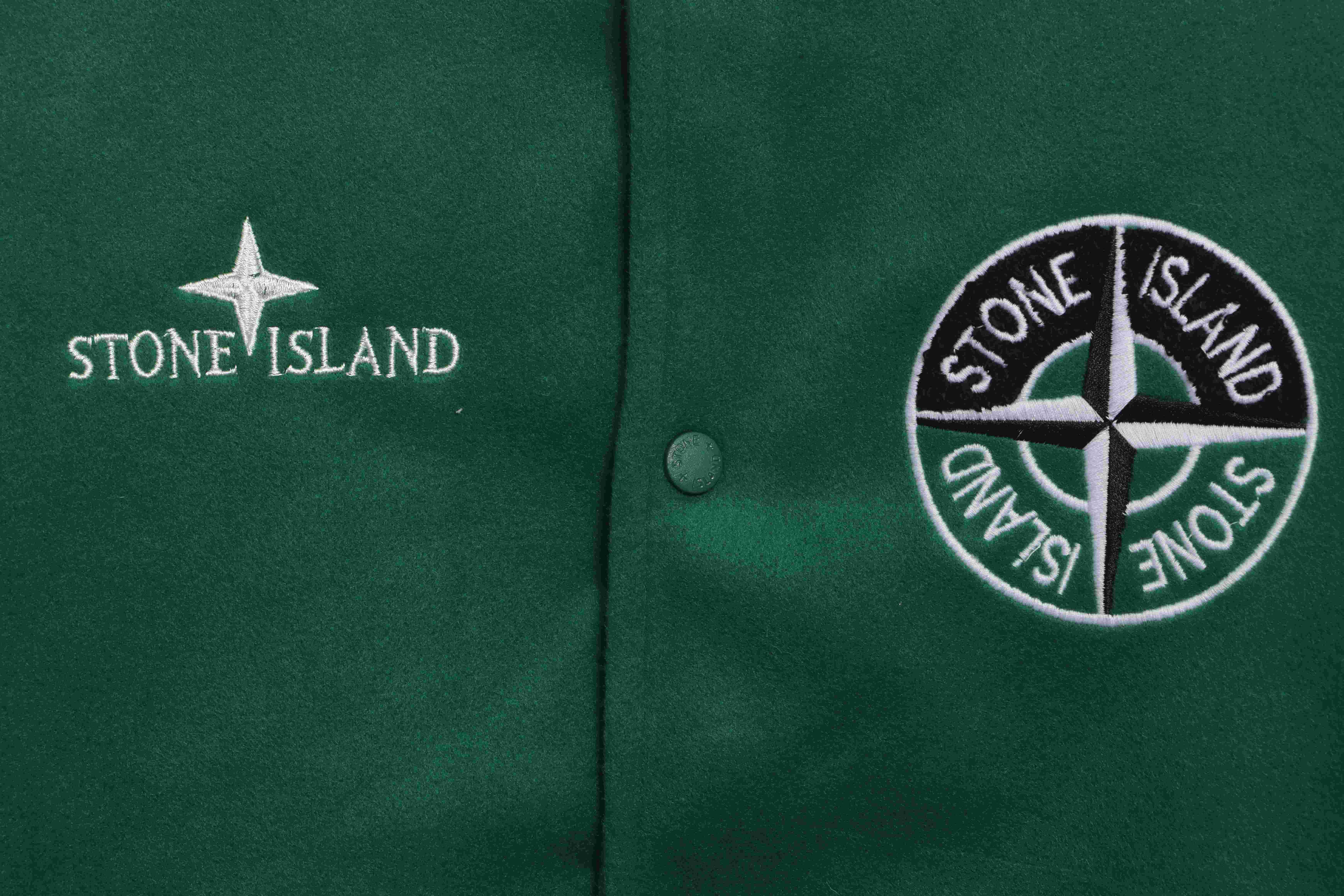 Stone Island Compass Logo Leather Sleeve Baseball Jacket Green