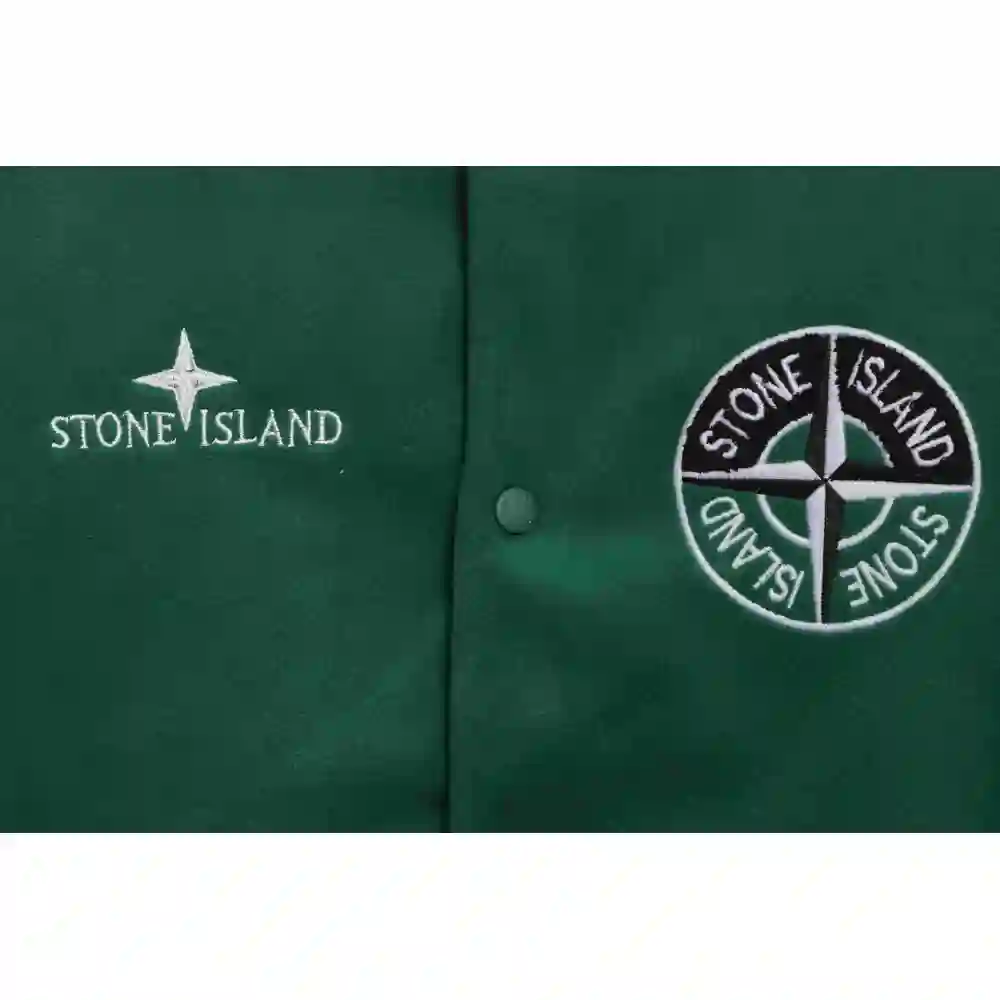 Stone Island Compass Logo Leather Sleeve Baseball Jacket Green