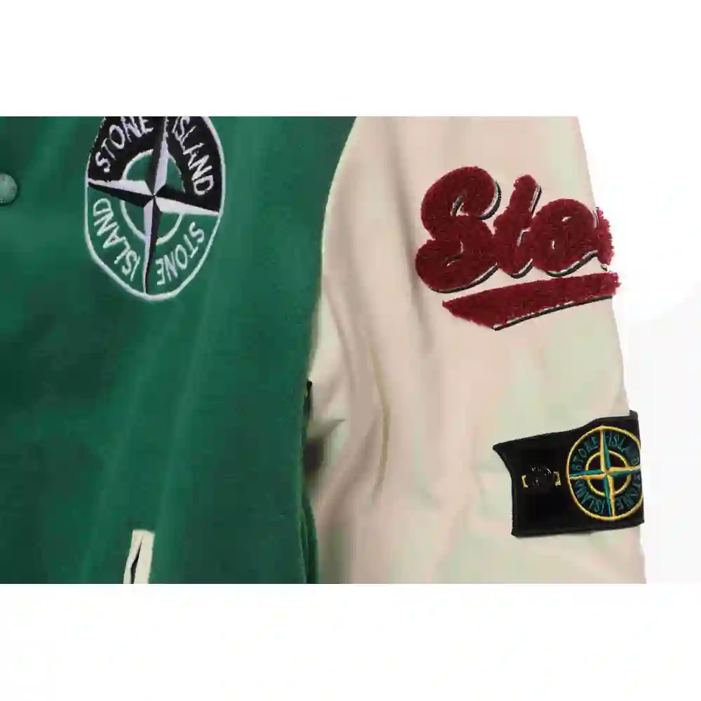 Stone Island Compass Logo Leather Sleeve Baseball Jacket Green