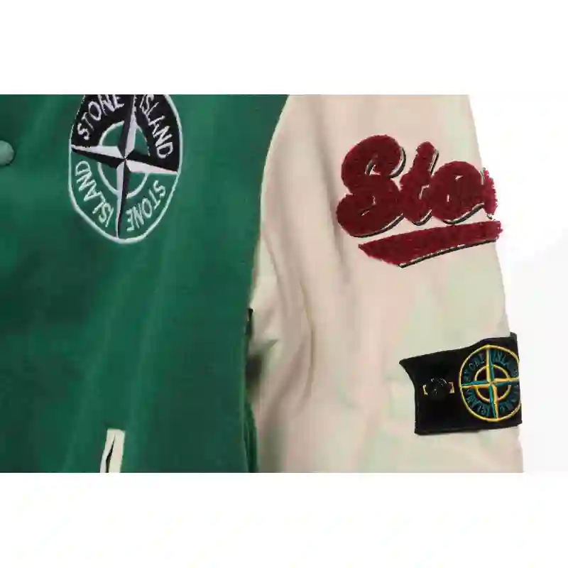 Stone Island Compass Logo Leather Sleeve Baseball Jacket Green