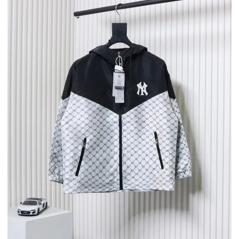 MLB All Over Logo Print Trench Coat Black White