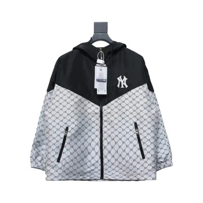 MLB All Over Logo Print Trench Coat Black White 01