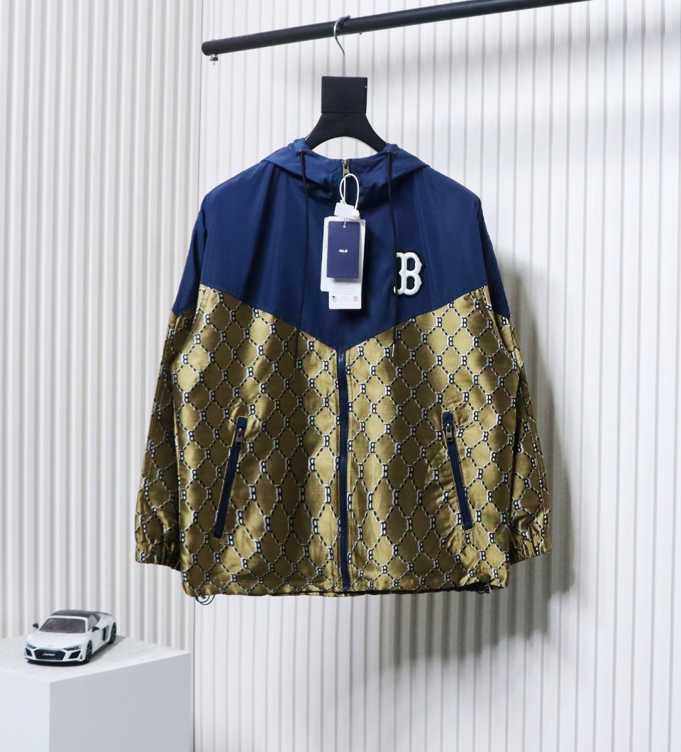 MLB All Over Logo Print Trench Coat Blue Green