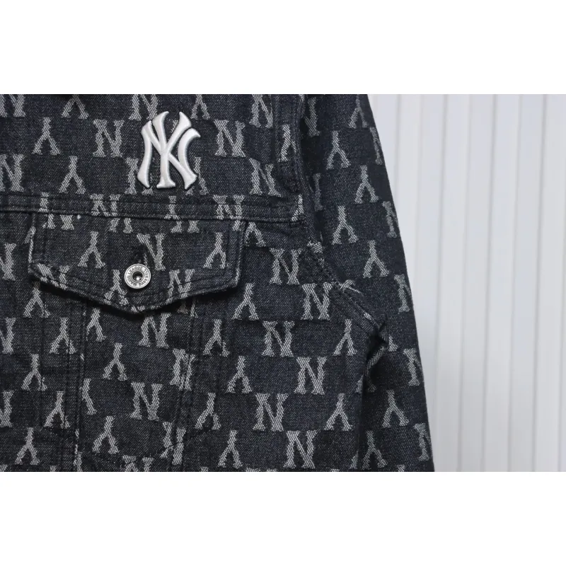 MLB Washed Denim Jacket with All Over Logo Black