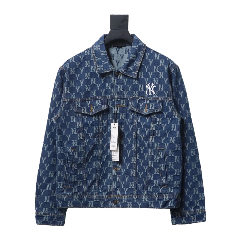 MLB Washed Denim Jacket with All Over Logo Blue