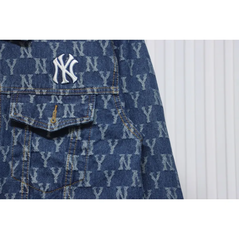 MLB Washed Denim Jacket with All Over Logo Blue