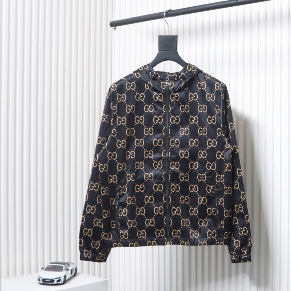 Gucci 24Fw All Over Jacquard Double G Woven Hooded Jacket Brown