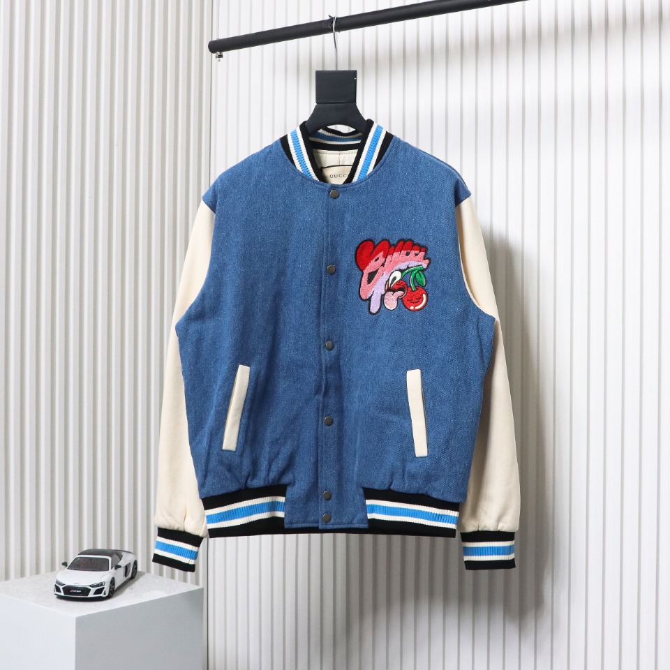 Gucci 24Fw Graffiti Cherry Denim Baseball Jacket