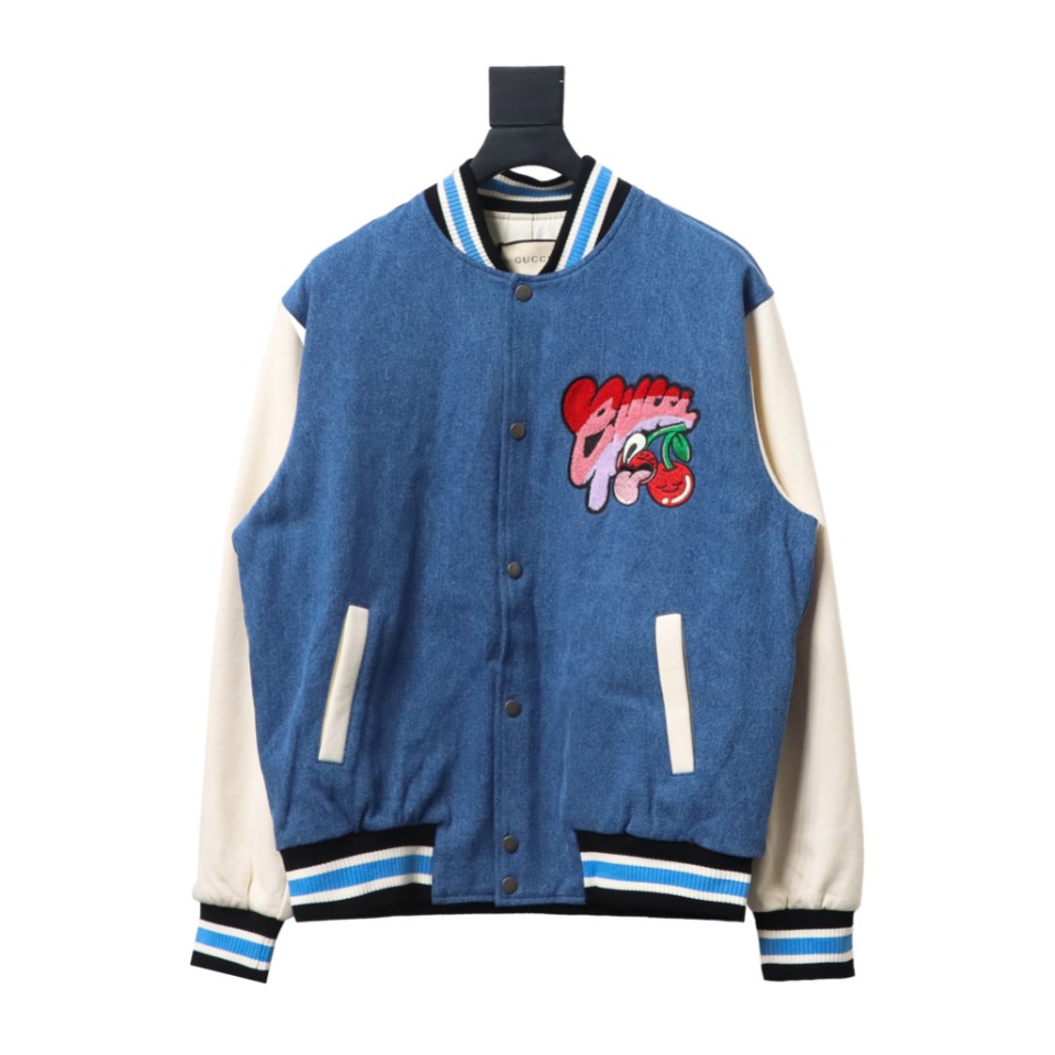 Gucci 24Fw Graffiti Cherry Denim Baseball Jacket