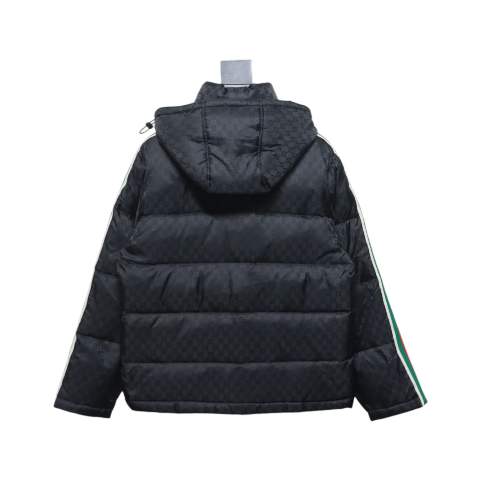 Gucci Full-Print Dark Pattern Jacquard Red And Green Ribbon Down Jacket