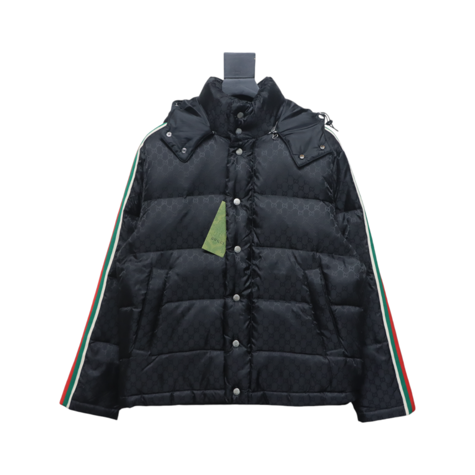 Gucci Full-Print Dark Pattern Jacquard Red And Green Ribbon Down Jacket