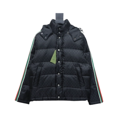 Gucci Full-Print Dark Pattern Jacquard Red And Green Ribbon Down Jacket 01