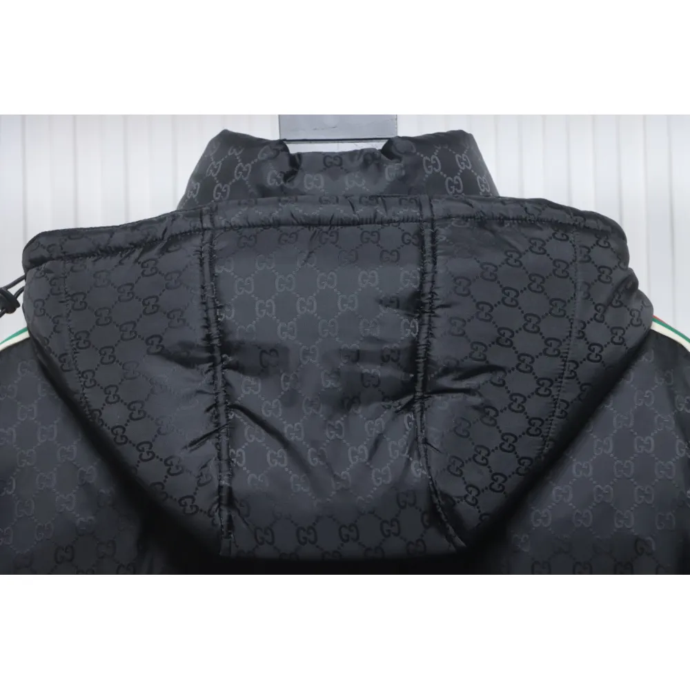 Gucci Full-Print Dark Pattern Jacquard Red And Green Ribbon Down Jacket