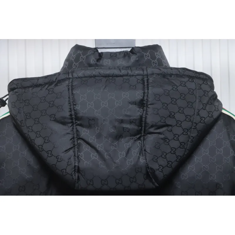 Gucci Full-Print Dark Pattern Jacquard Red And Green Ribbon Down Jacket