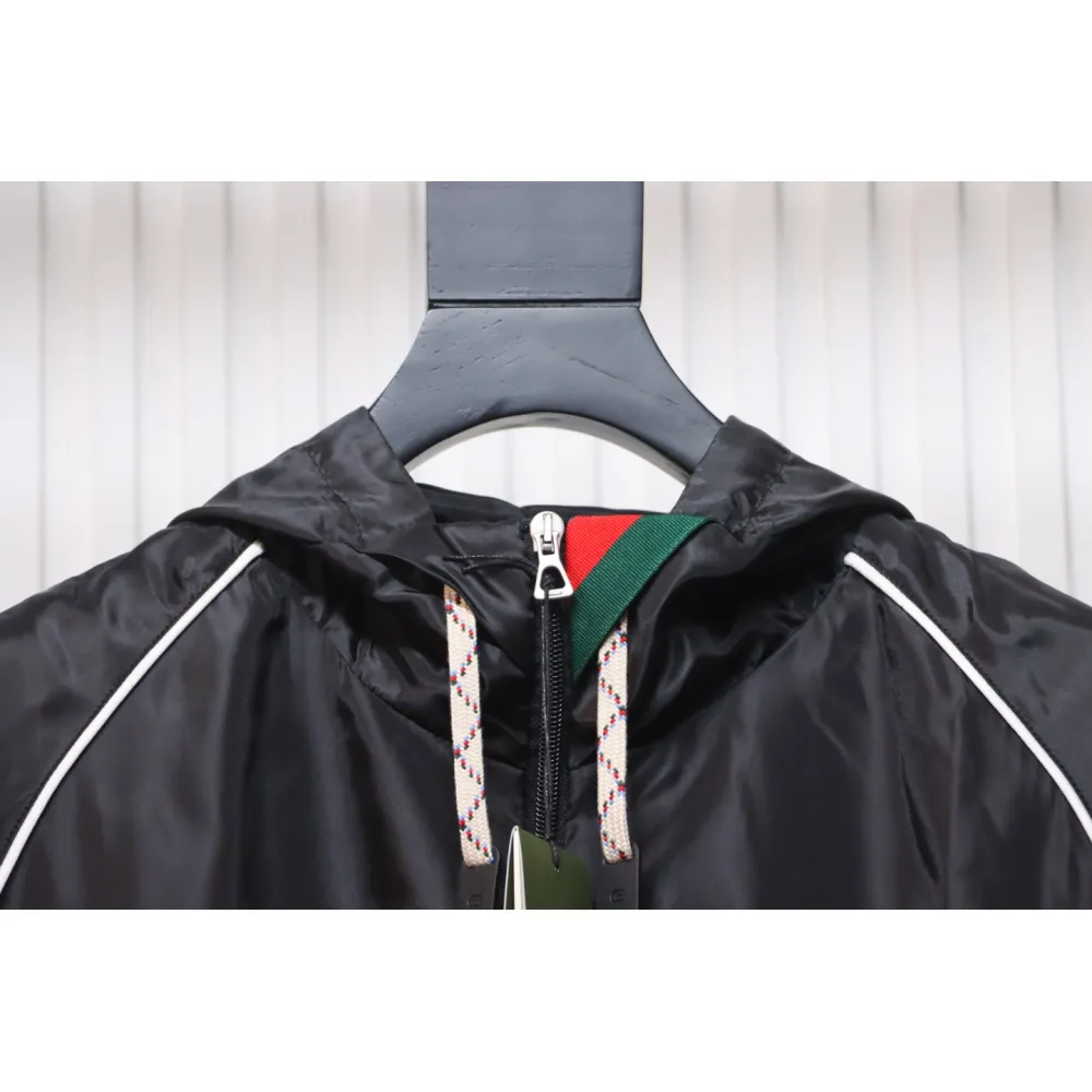 Gucci Line Design Zipper Pocket Hooded Windbreaker Jacket Black