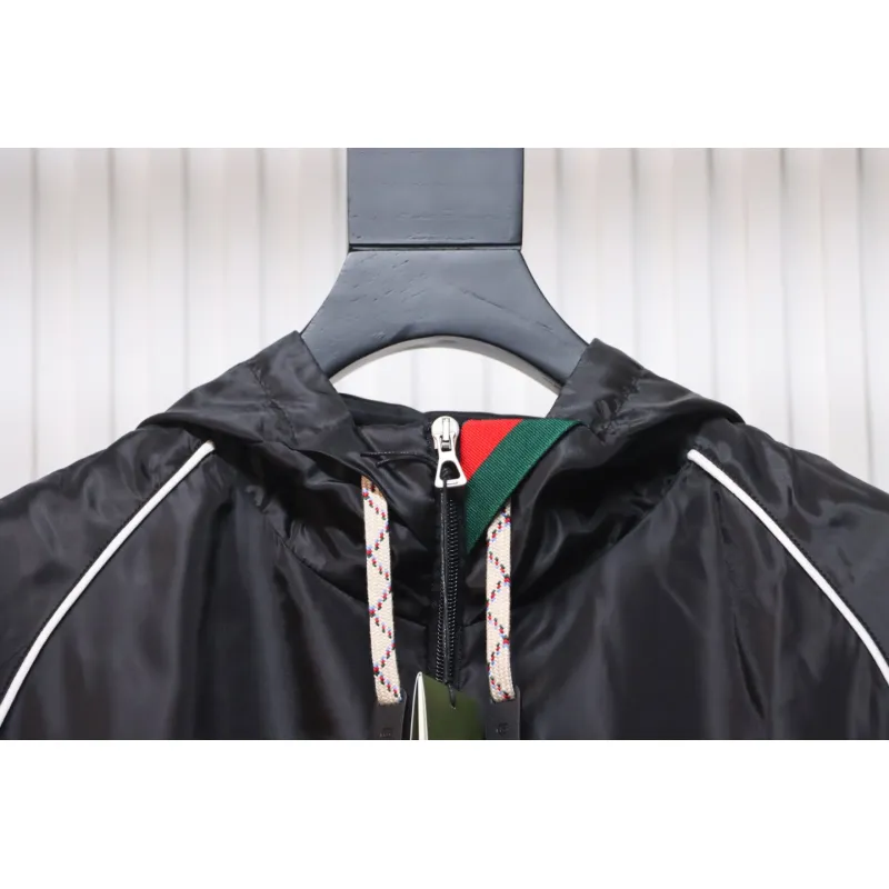 Gucci Line Design Zipper Pocket Hooded Windbreaker Jacket Black