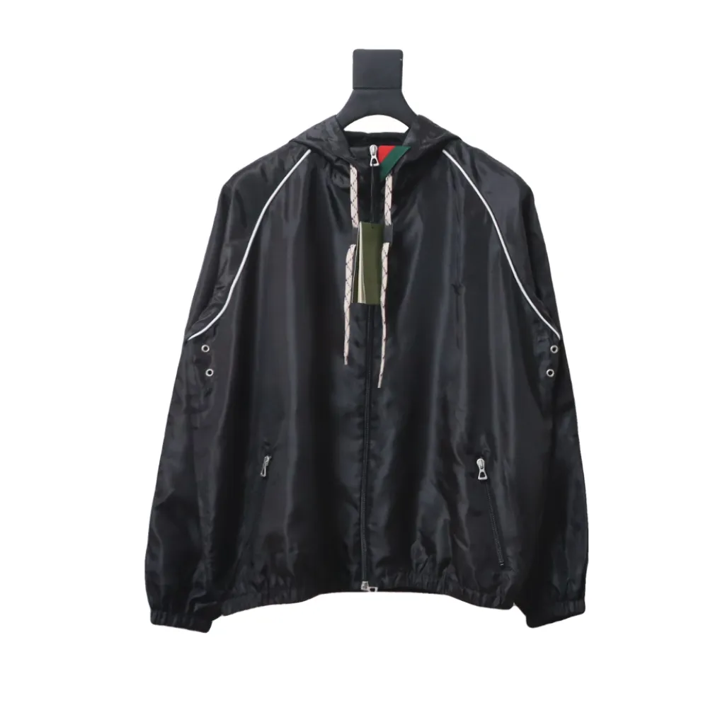 Gucci Line Design Zipper Pocket Hooded Windbreaker Jacket Black