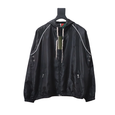 Gucci Line Design Zipper Pocket Hooded Windbreaker Jacket Black 01