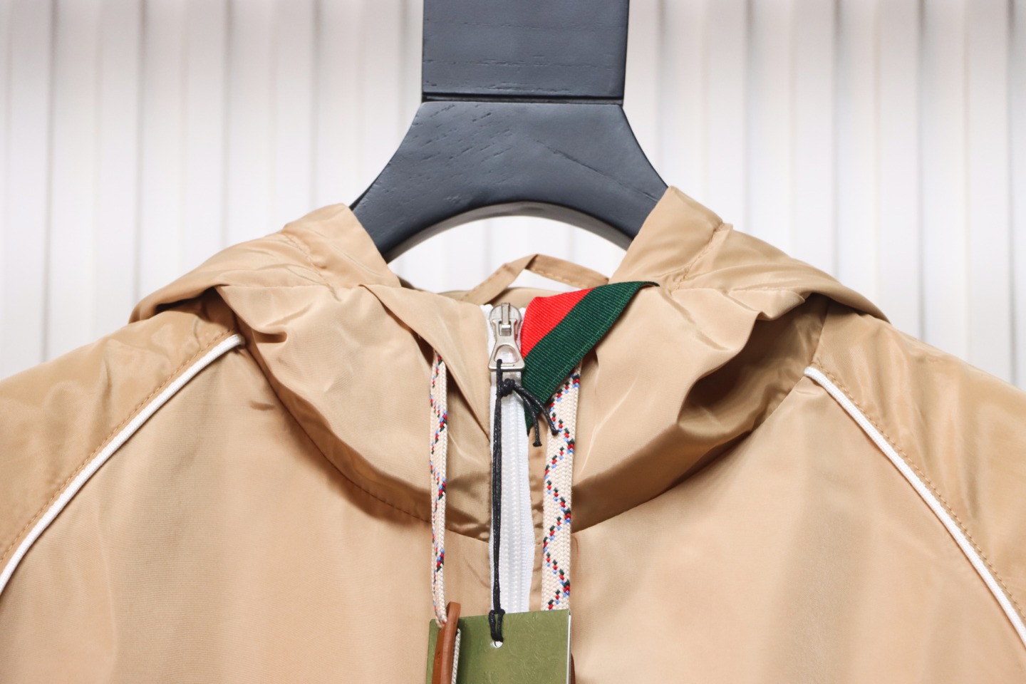 Gucci Line Design Zipper Pocket Hooded Windbreaker Jacket Brown