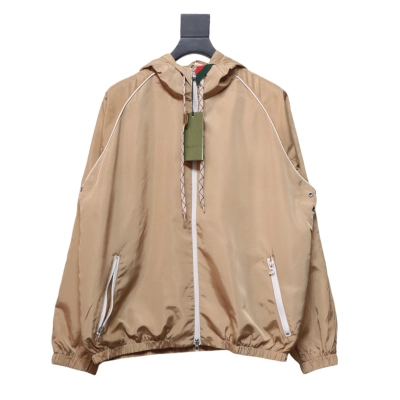 Gucci Line Design Zipper Pocket Hooded Windbreaker Jacket Brown 01