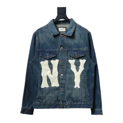 Gucci NY Yankees Collaboration Embroidered Patch Denim Jacket 01