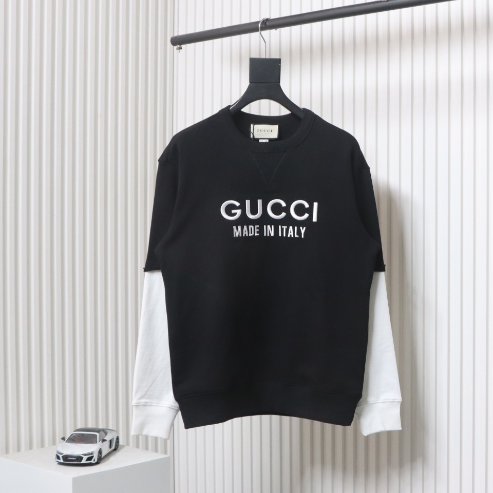 Gucci 24Fw Embroidered Letter Logo Patchwork Fake Two-Piece Sweatshirt Black