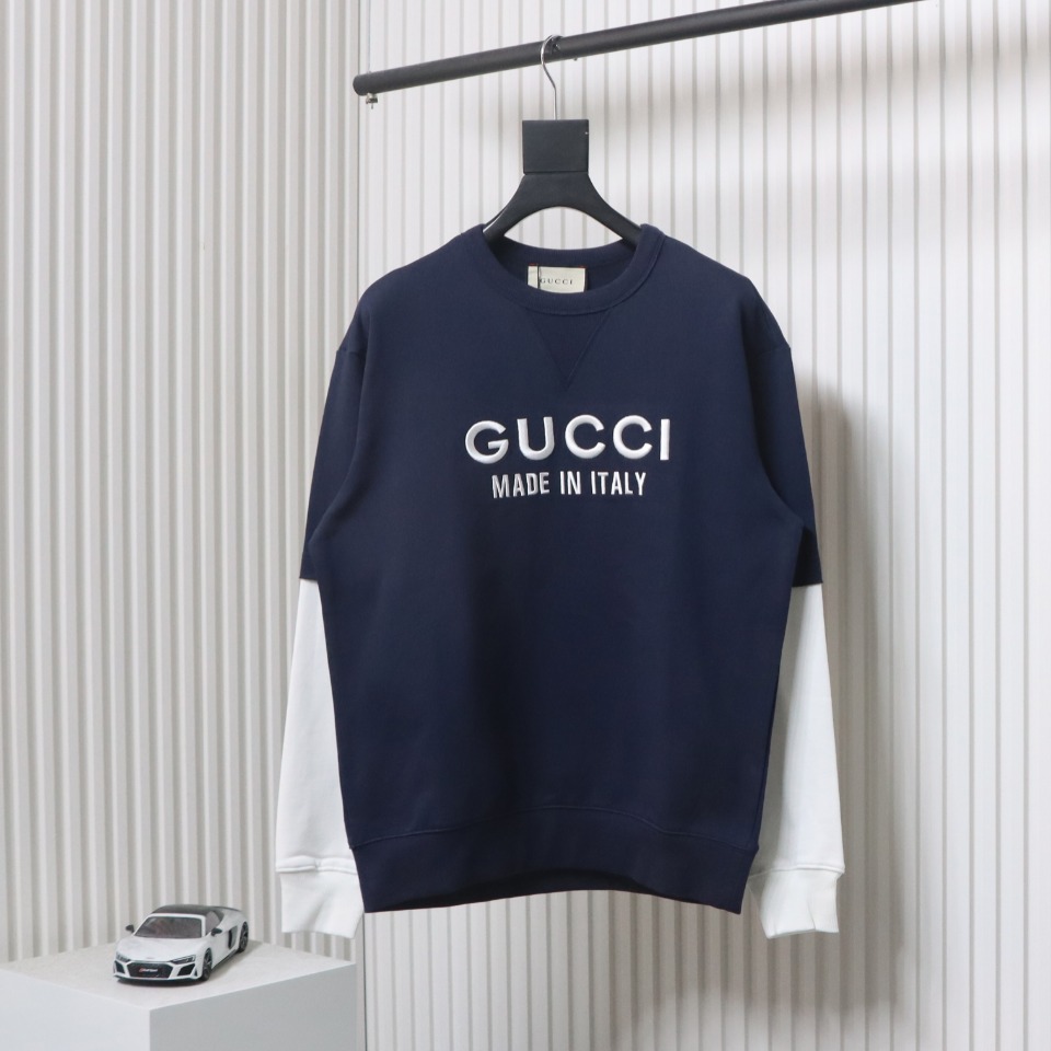 Gucci 24Fw Embroidered Letter Logo Patchwork Fake Two-Piece Sweatshirt Blue