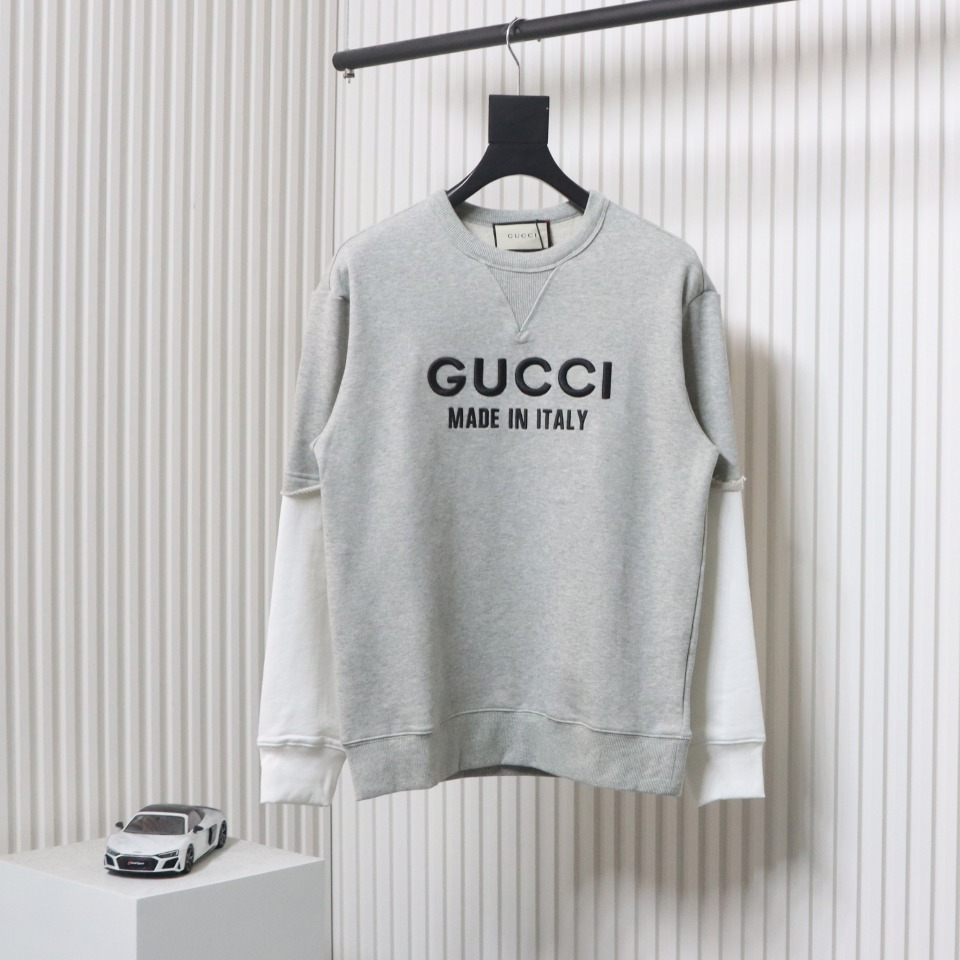 Gucci 24Fw Embroidered Letter Logo Patchwork Fake Two-Piece Sweatshirt Grey
