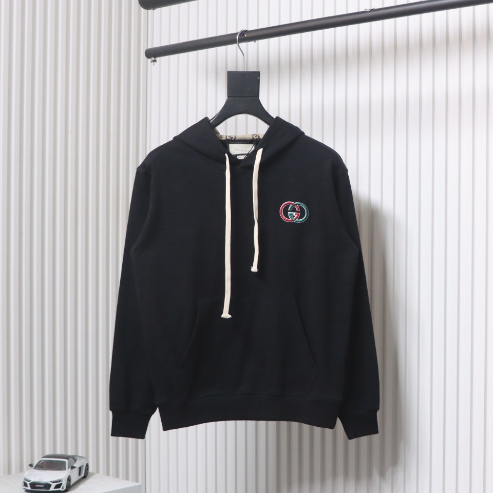 Gucci Black Hooded Sweatshirt With Double G Embroidery On Chest