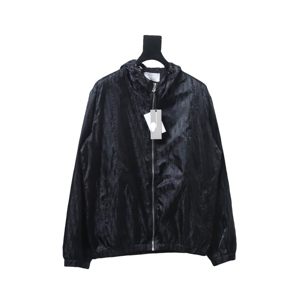 Dior 23 New Silk Full Print Dark Pattern Jacquard Zipper Hooded Jacket Black