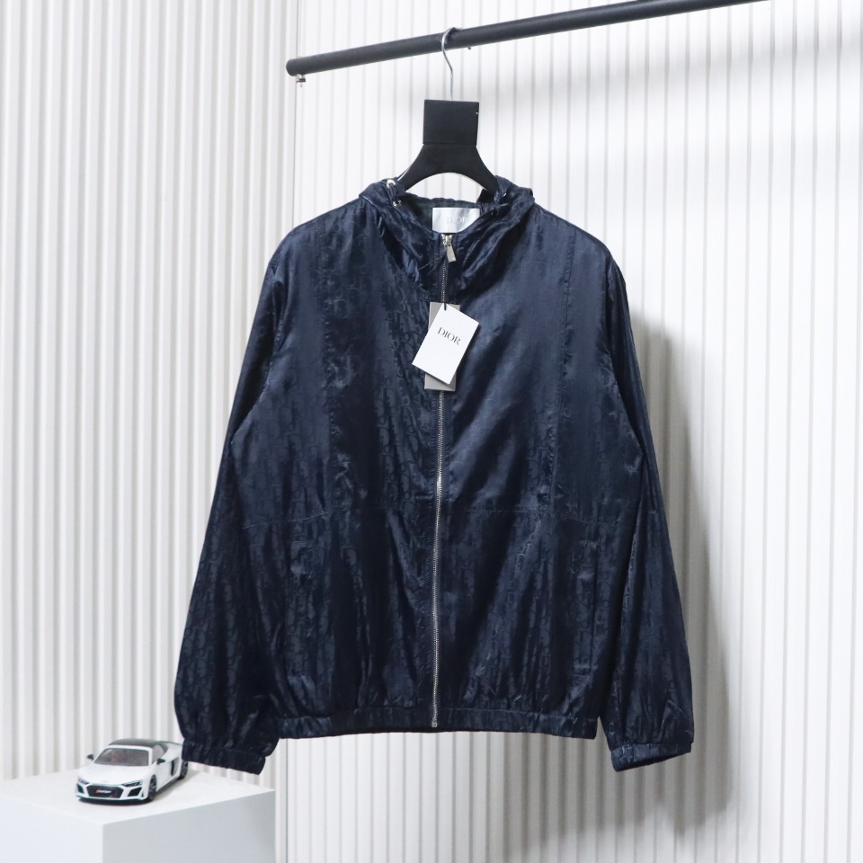 Dior 23 New Silk Full Print Dark Pattern Jacquard Zipper Hooded Jacket Dark Blue