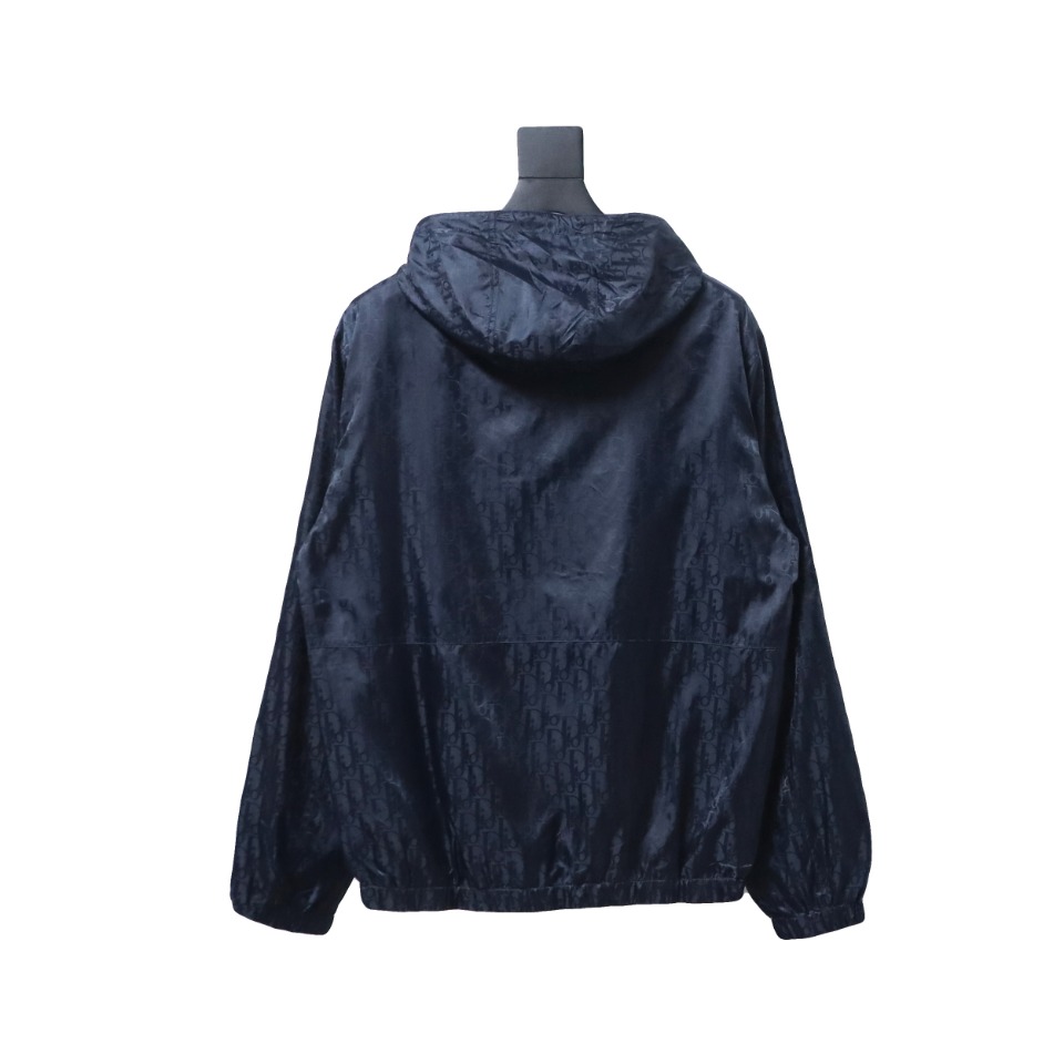Dior 23 New Silk Full Print Dark Pattern Jacquard Zipper Hooded Jacket Dark Blue
