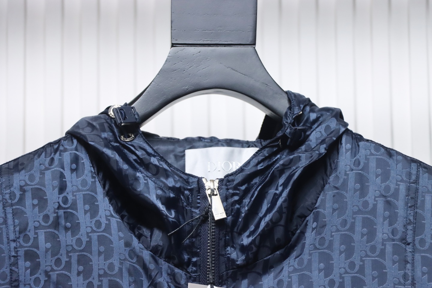 Dior 23 New Silk Full Print Dark Pattern Jacquard Zipper Hooded Jacket Dark Blue