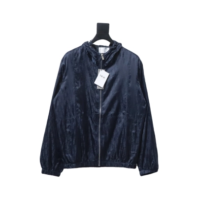 Dior 23 New Silk Full Print Dark Pattern Jacquard Zipper Hooded Jacket Dark Blue 01