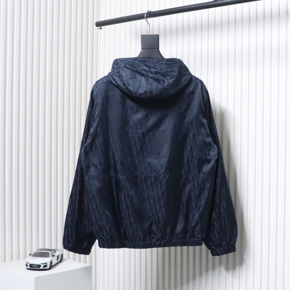 Dior 23 New Silk Full Print Dark Pattern Jacquard Zipper Hooded Jacket Dark Blue