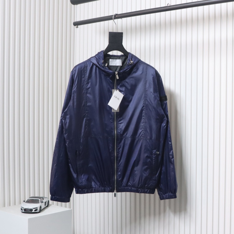 Dior 24 Sleeve Badge Jacquard Silk Hooded Jacket Blue