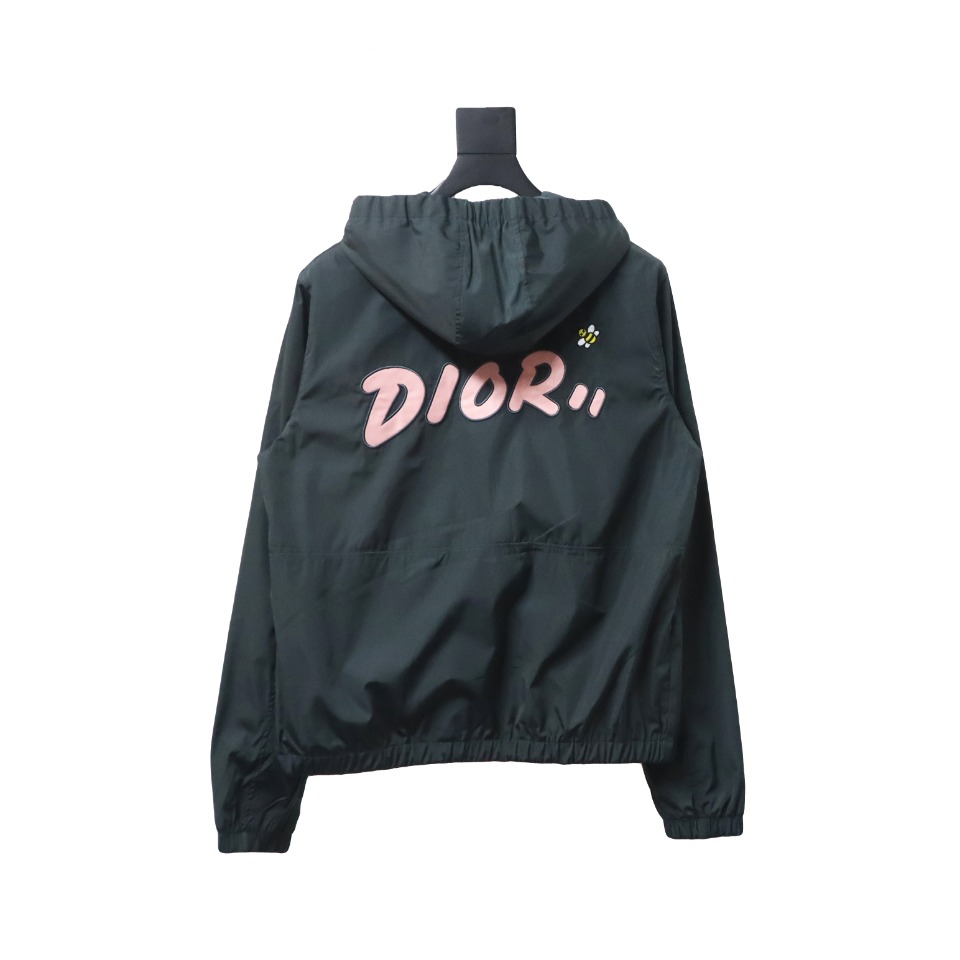 Dior Embroidered Lettering Bumblebee Hooded Jacket Green Grey