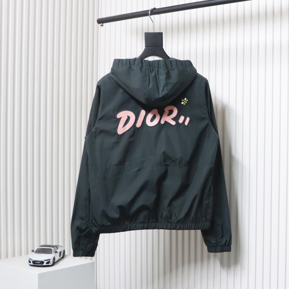 Dior Embroidered Lettering Bumblebee Hooded Jacket Green Grey