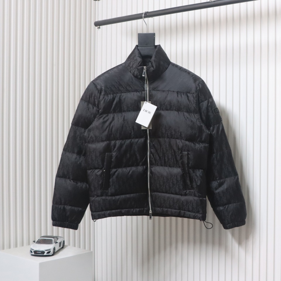 Dior New Style Full Pattern Dark Pattern Long Sleeve Down Jacket Black