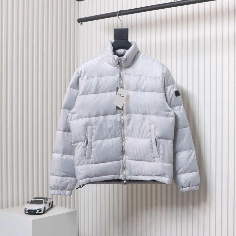 Dior New Style Full Pattern Dark Pattern Long Sleeve Down Jacket White