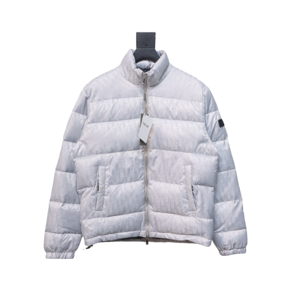 Dior New Style Full Pattern Dark Pattern Long Sleeve Down Jacket White