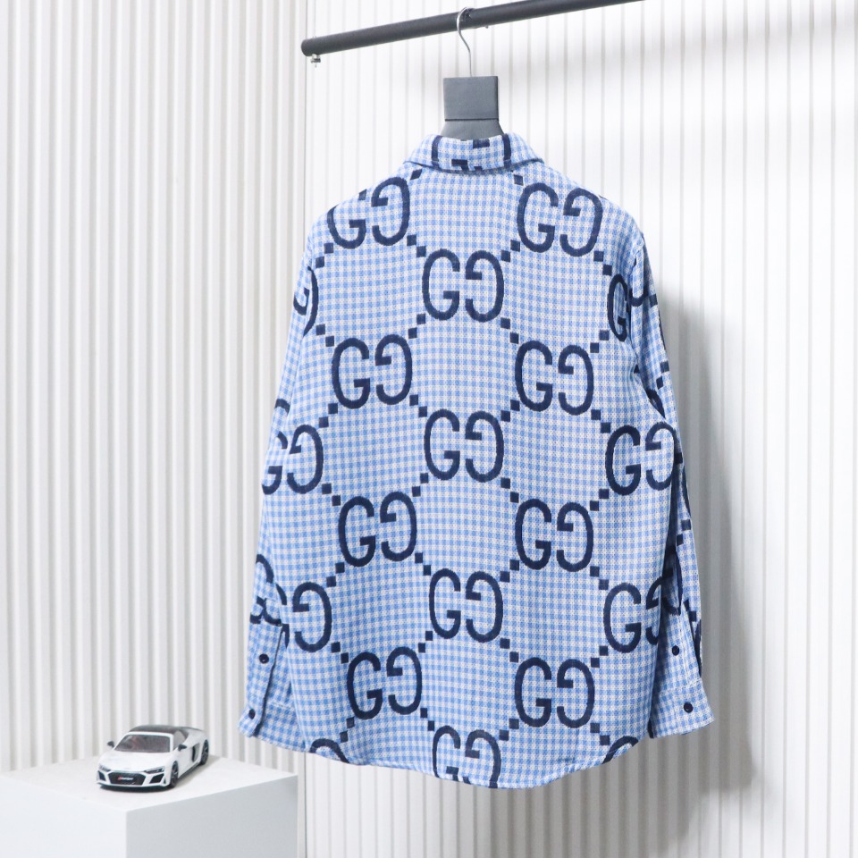 Gucci 24 Styles Of Checkered Long-Sleeved Shirt Blue