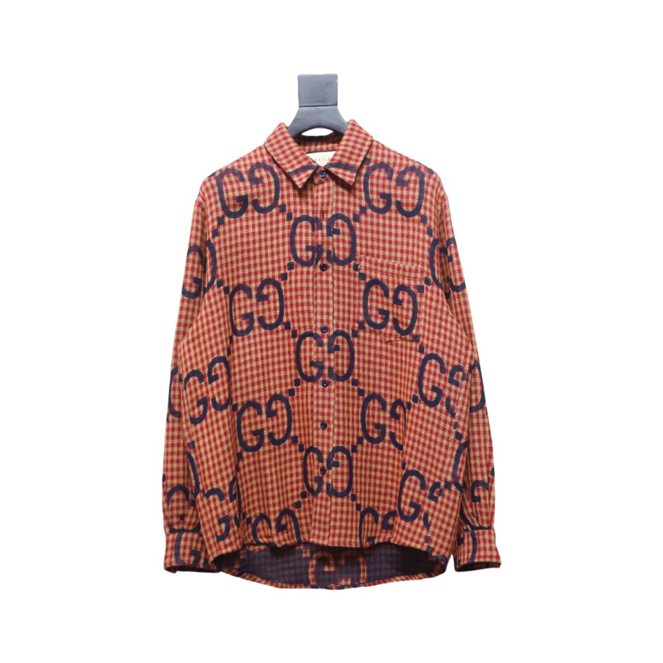 Gucci 24 Styles Of Checkered Long-Sleeved Shirt Orange
