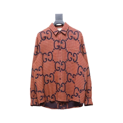Gucci 24 Styles Of Checkered Long-Sleeved Shirt Orange 01