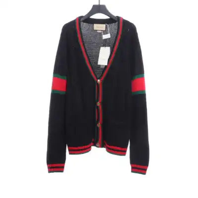 Gucci Red and Green Striped Wool Cardigan Black 01