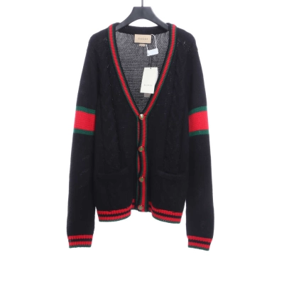 Gucci Red and Green Striped Wool Cardigan Black 01
