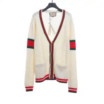 Gucci Red and Green Striped Wool Cardigan White 01