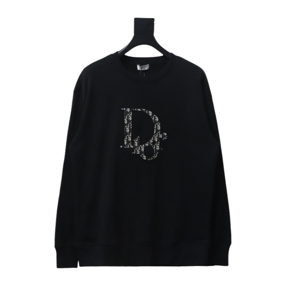 Dior Black Round Neck Sweatshirt With Monogram Patch Embroidery On The Chest