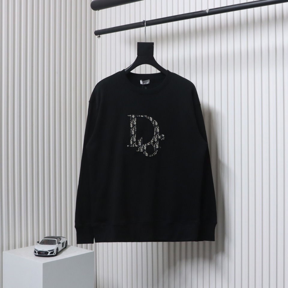 Dior Black Round Neck Sweatshirt With Monogram Patch Embroidery On The Chest